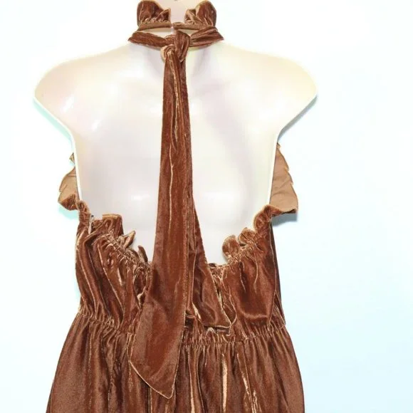 Kristinit Anthropologie Velvet Ruffle Halter Jumpsuit Copper Large H13128 - Picture 6 of 12